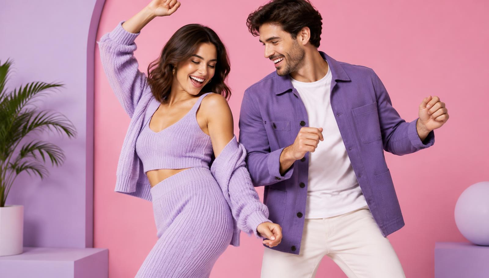 Casal vestido de lilás e roxo dançando em estúdio rosa